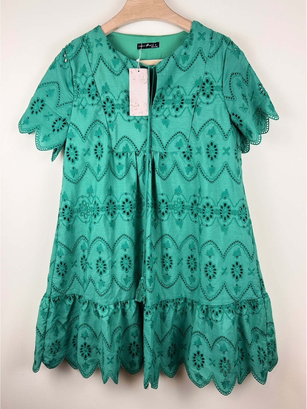 Emery Rose Green Eyelet Embroidered Babydoll Mini Dress NWT Size S Boho